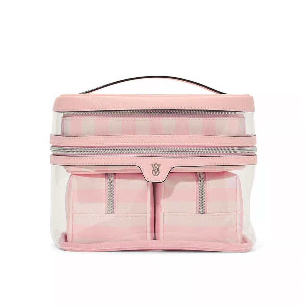 Victoria’s Secret 4 Piece Make Up Bag in Heritage Pink & White Stripe NWT